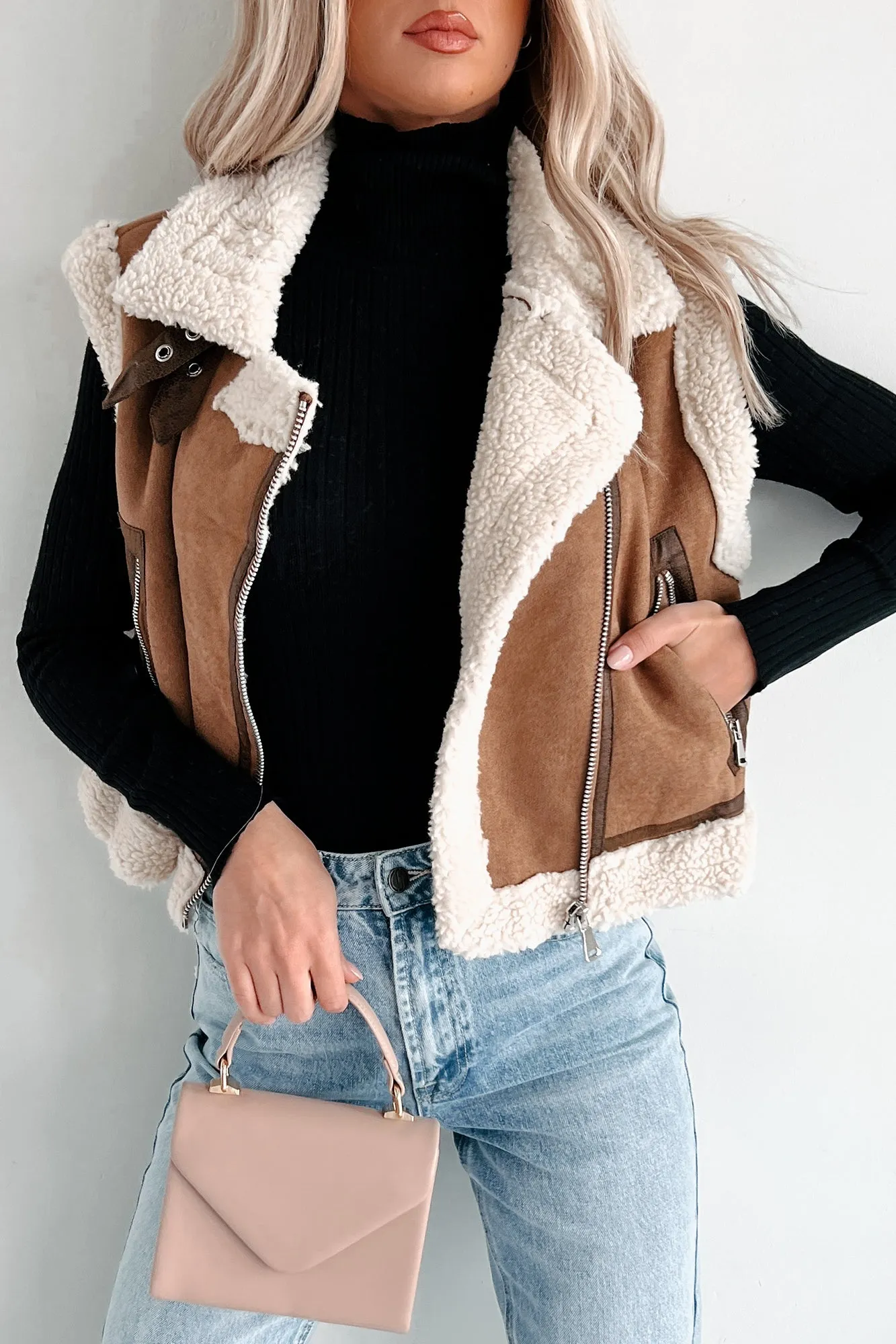 Back To Being Myself Sherpa Lined Faux Suede Vest (Brown)