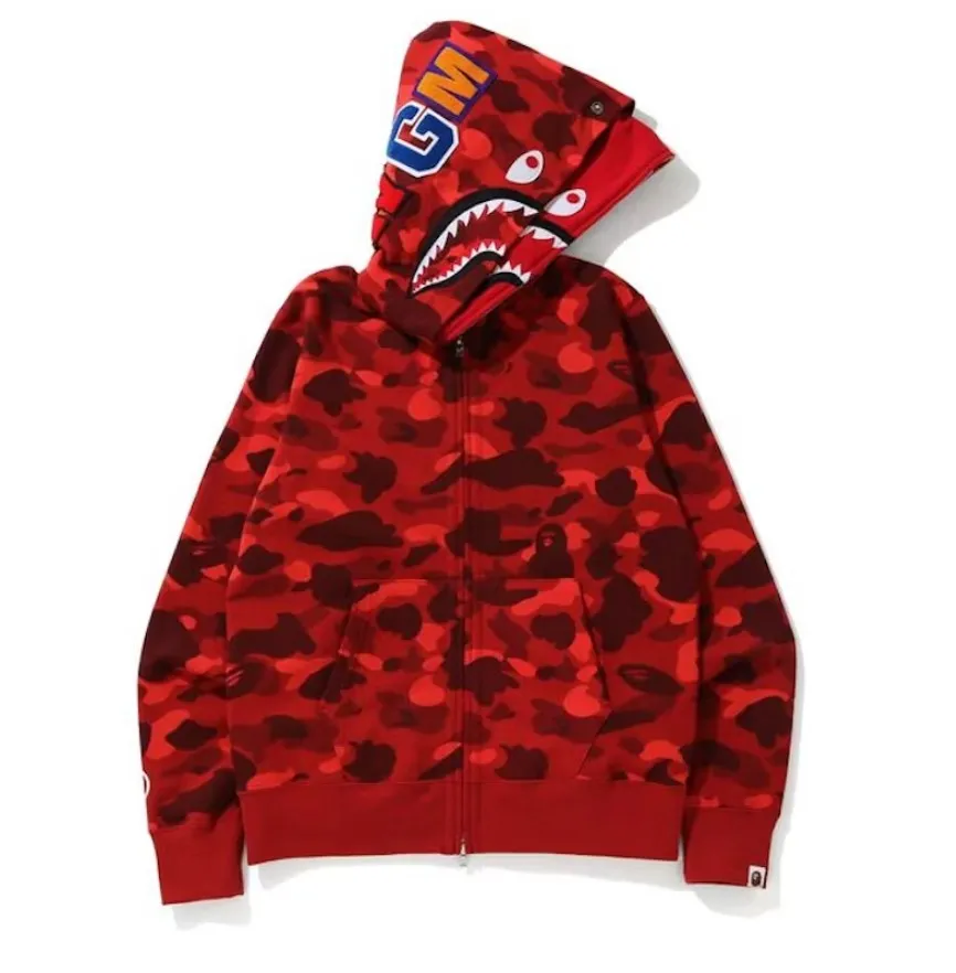 BAPE Color Camo Shark Wide Full Zip Double Hoodie Red