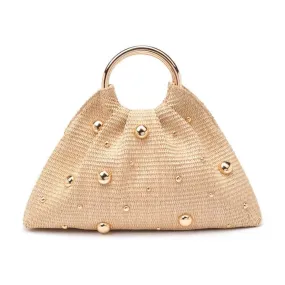 Bellie Gold Bead Detail & Handle Straw Clutch Handbag