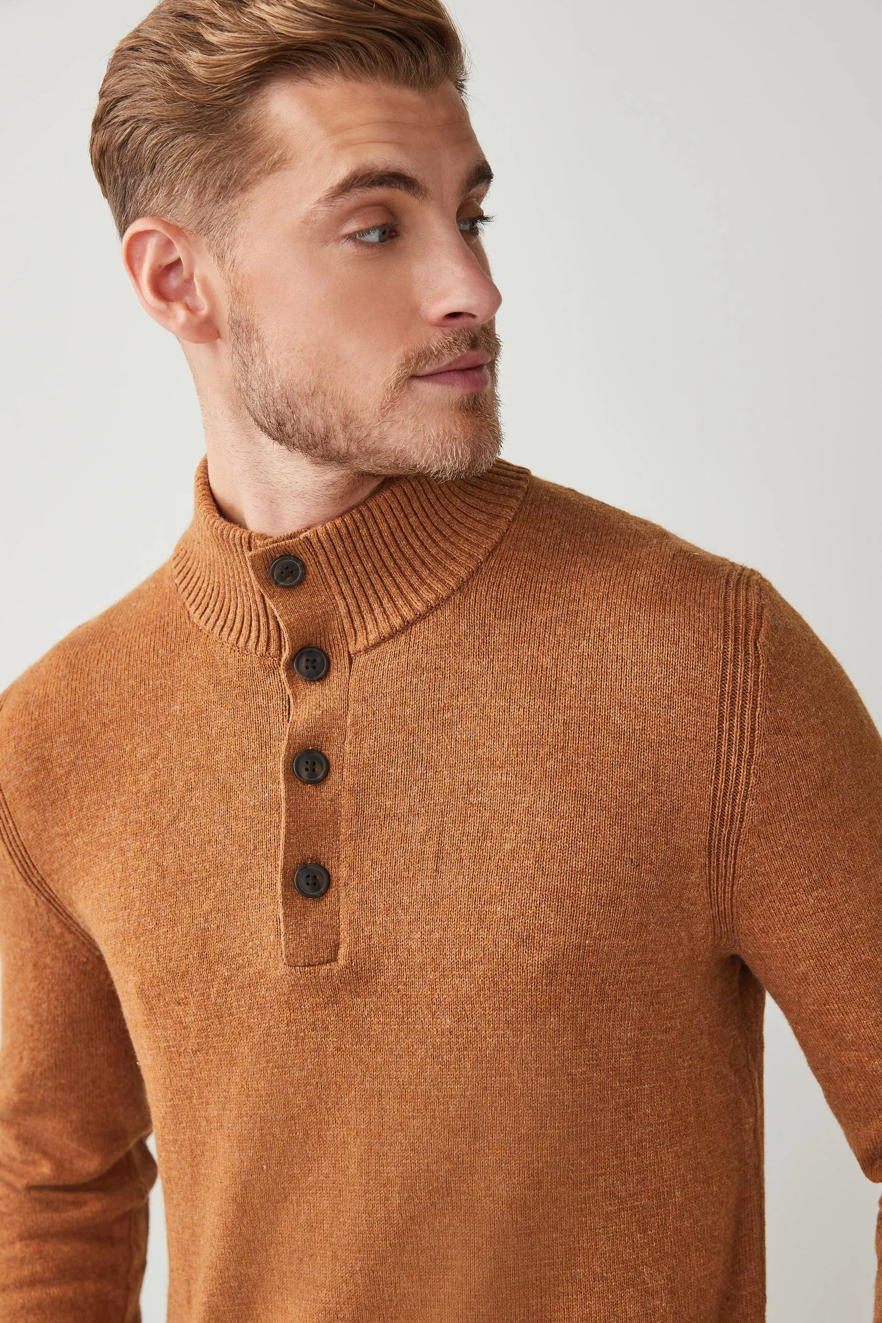Brown Button-Neck Jumper