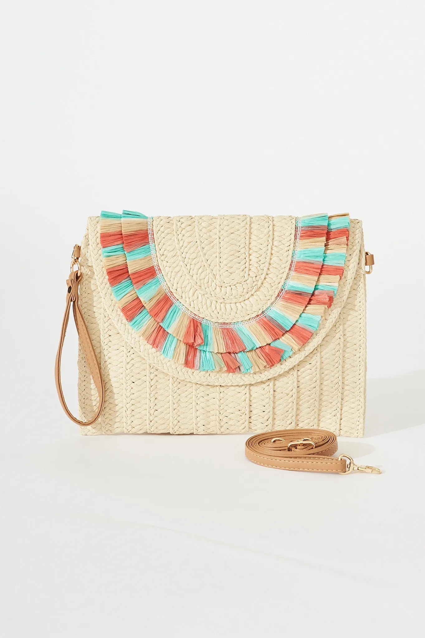 Capri Boho Clutch In Natural With Rust And Turquoise Fringe