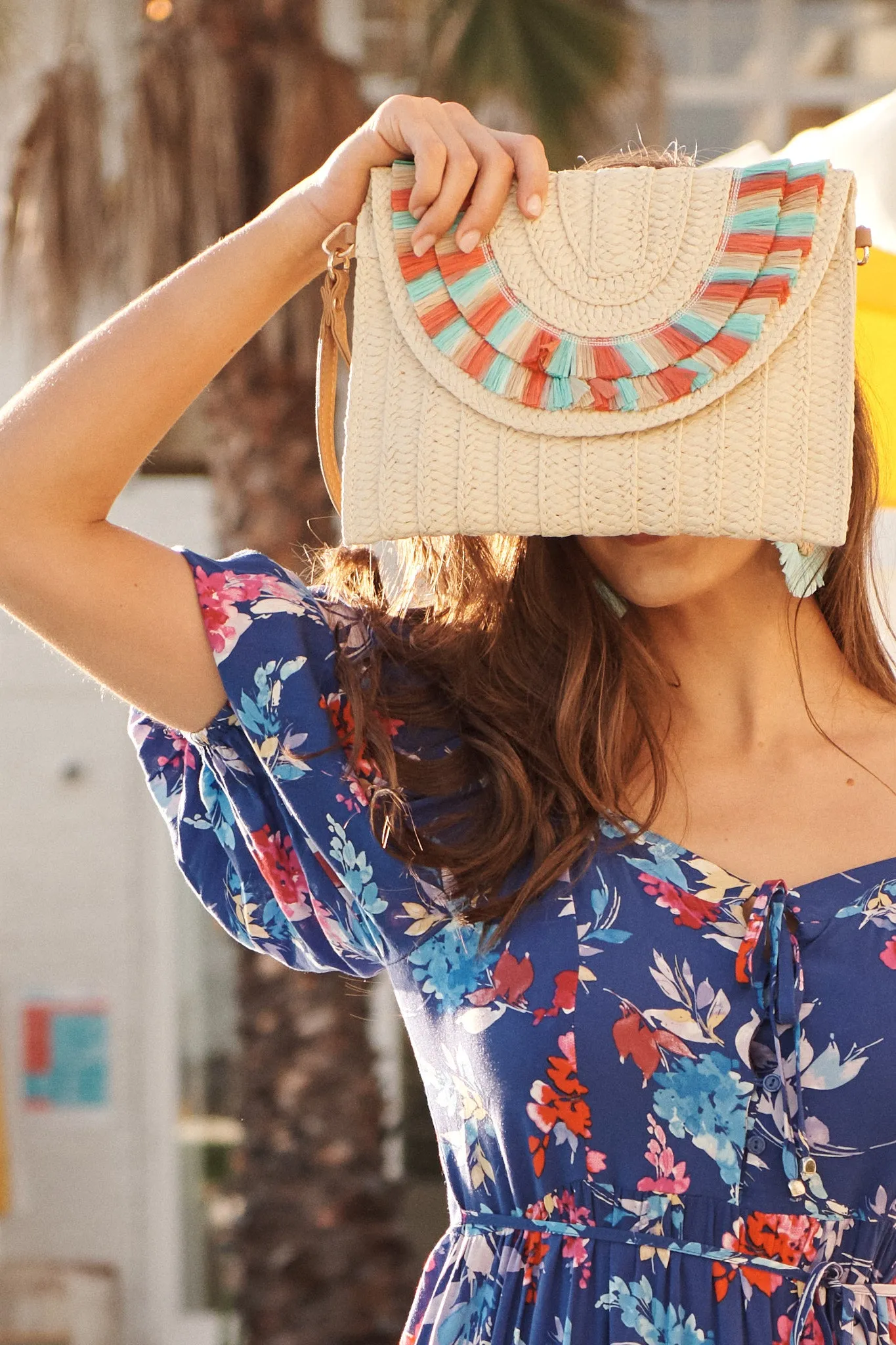 Capri Boho Clutch In Natural With Rust And Turquoise Fringe