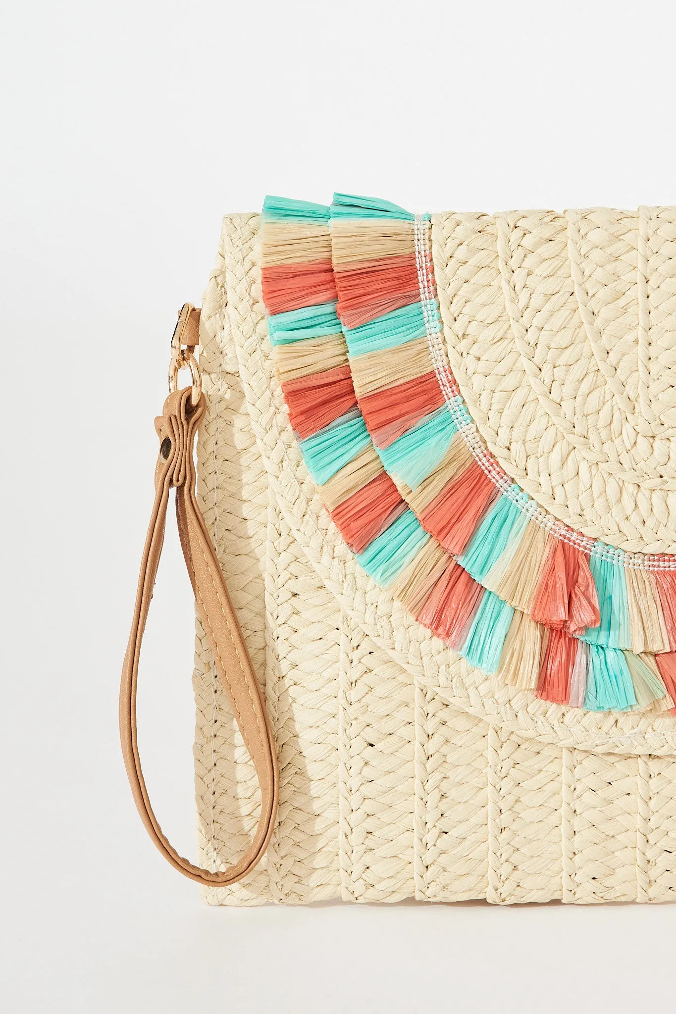 Capri Boho Clutch In Natural With Rust And Turquoise Fringe