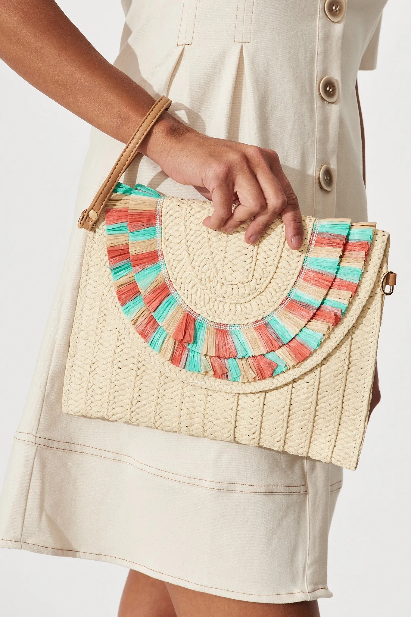 Capri Boho Clutch In Natural With Rust And Turquoise Fringe