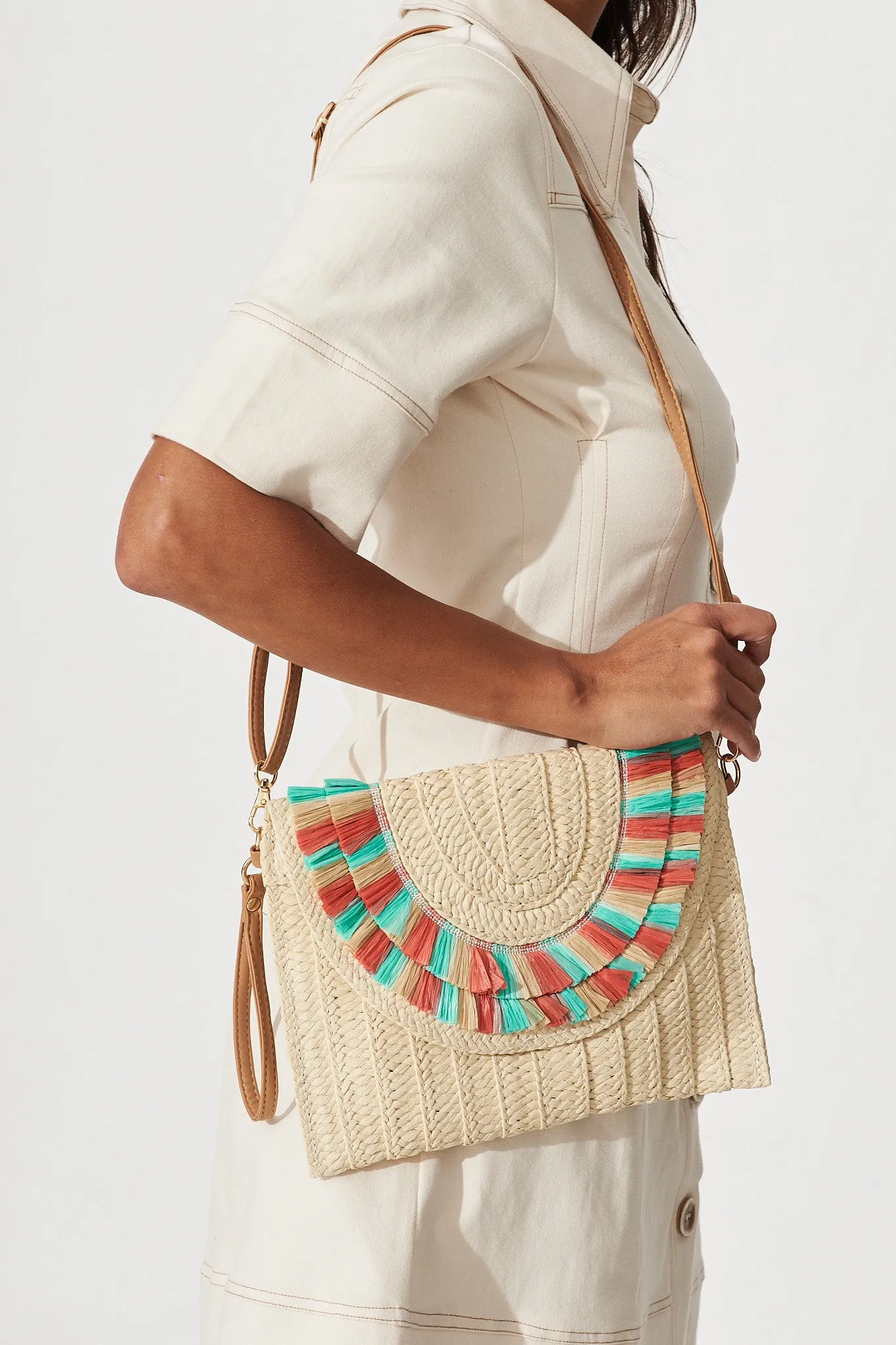 Capri Boho Clutch In Natural With Rust And Turquoise Fringe