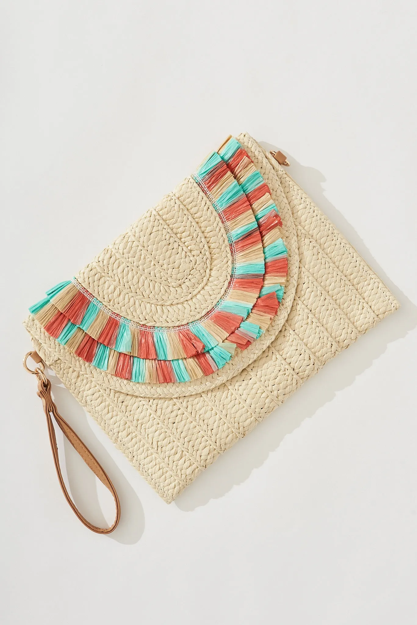 Capri Boho Clutch In Natural With Rust And Turquoise Fringe