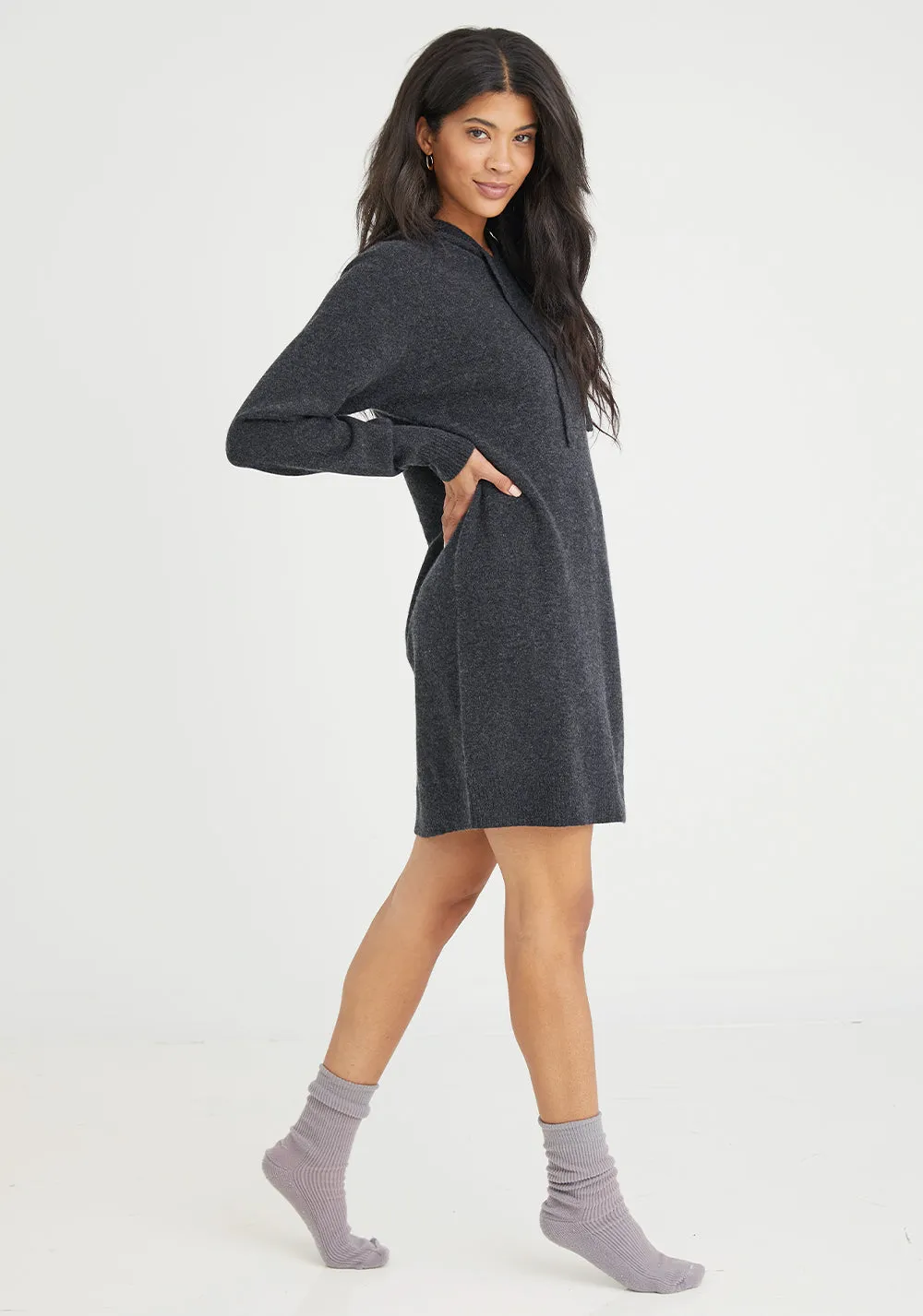 Cashmere Long Sleeve Hoodie Dress - Heather Charcoal