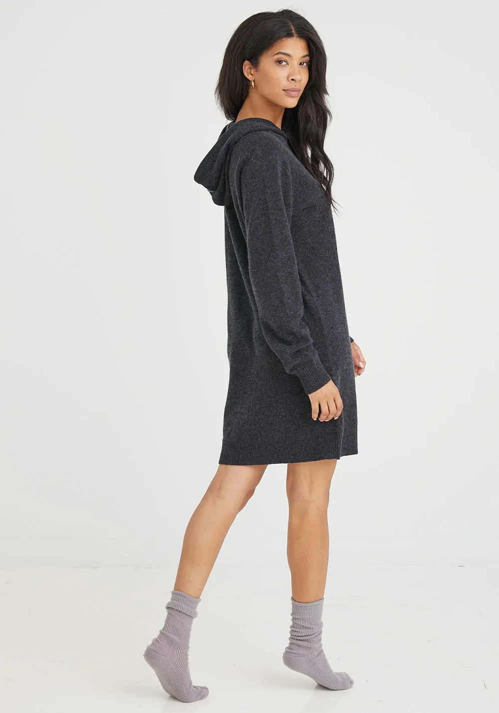 Cashmere Long Sleeve Hoodie Dress - Heather Charcoal