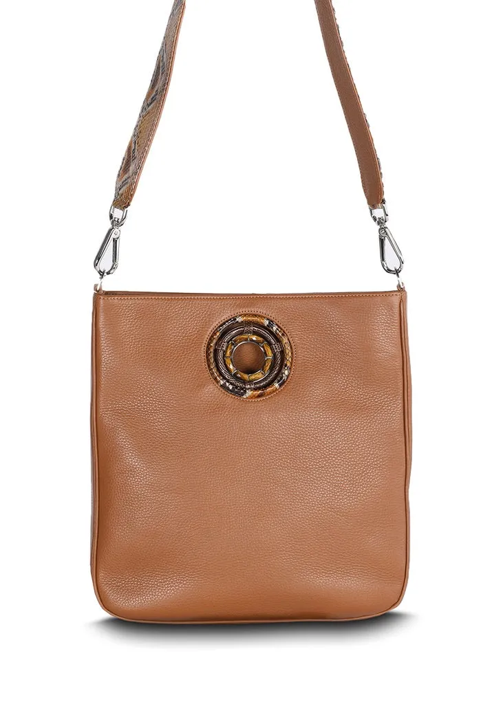 Cloe Jeweled Crossbody Tote - Cognac Leather, Tiger Eye