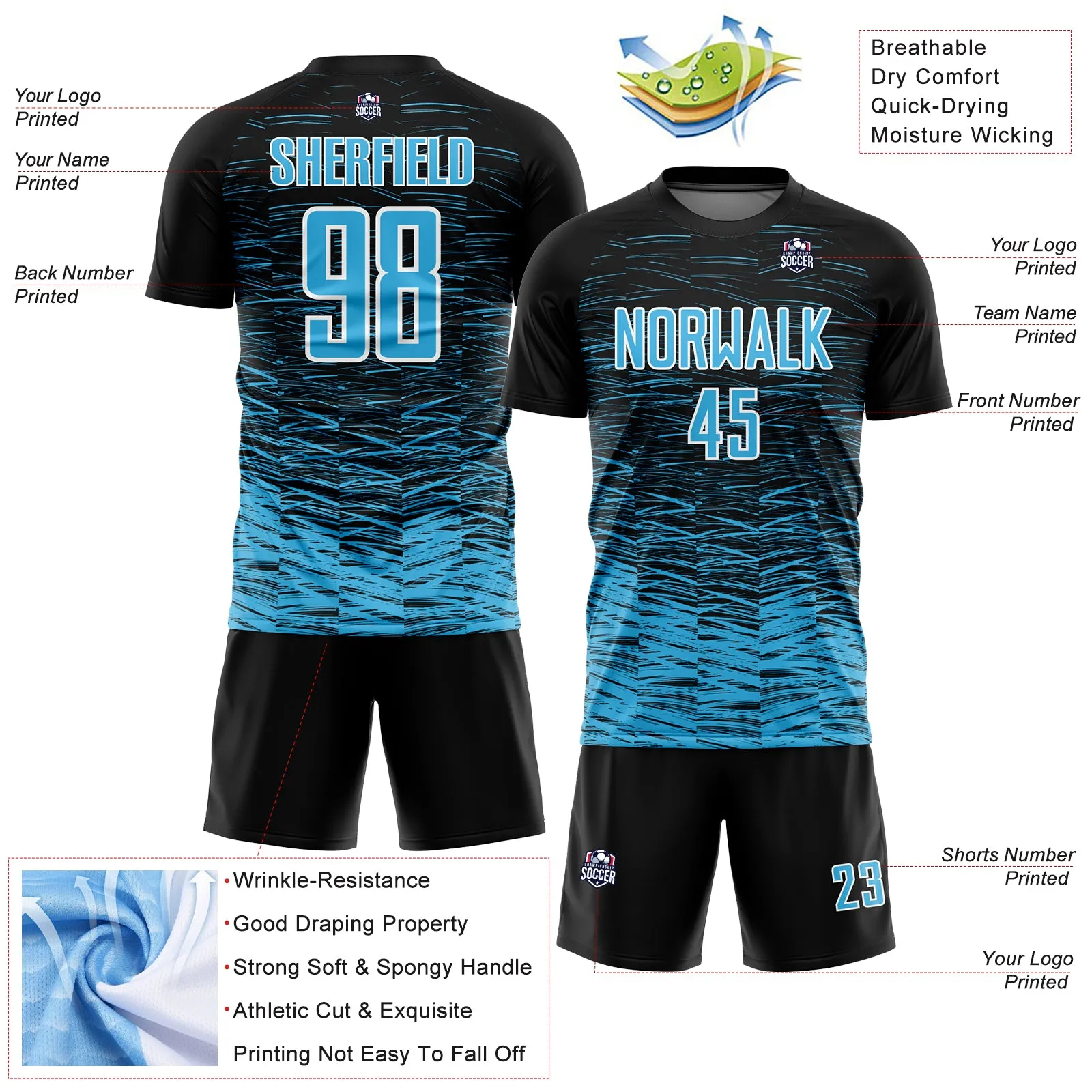 Custom Black Sky Blue-White Line Sublimation Soccer Uniform Jersey