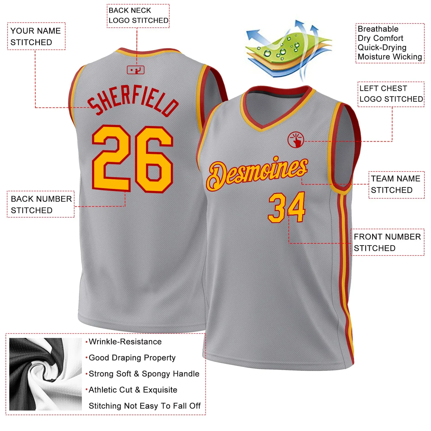 Custom Gray Gold-Red Authentic Throwback Basketball Jersey