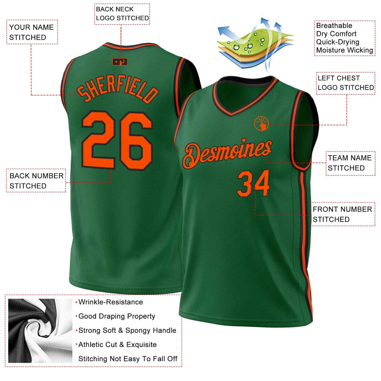 Custom Kelly Green Orange-Black Authentic Throwback Basketball Jersey