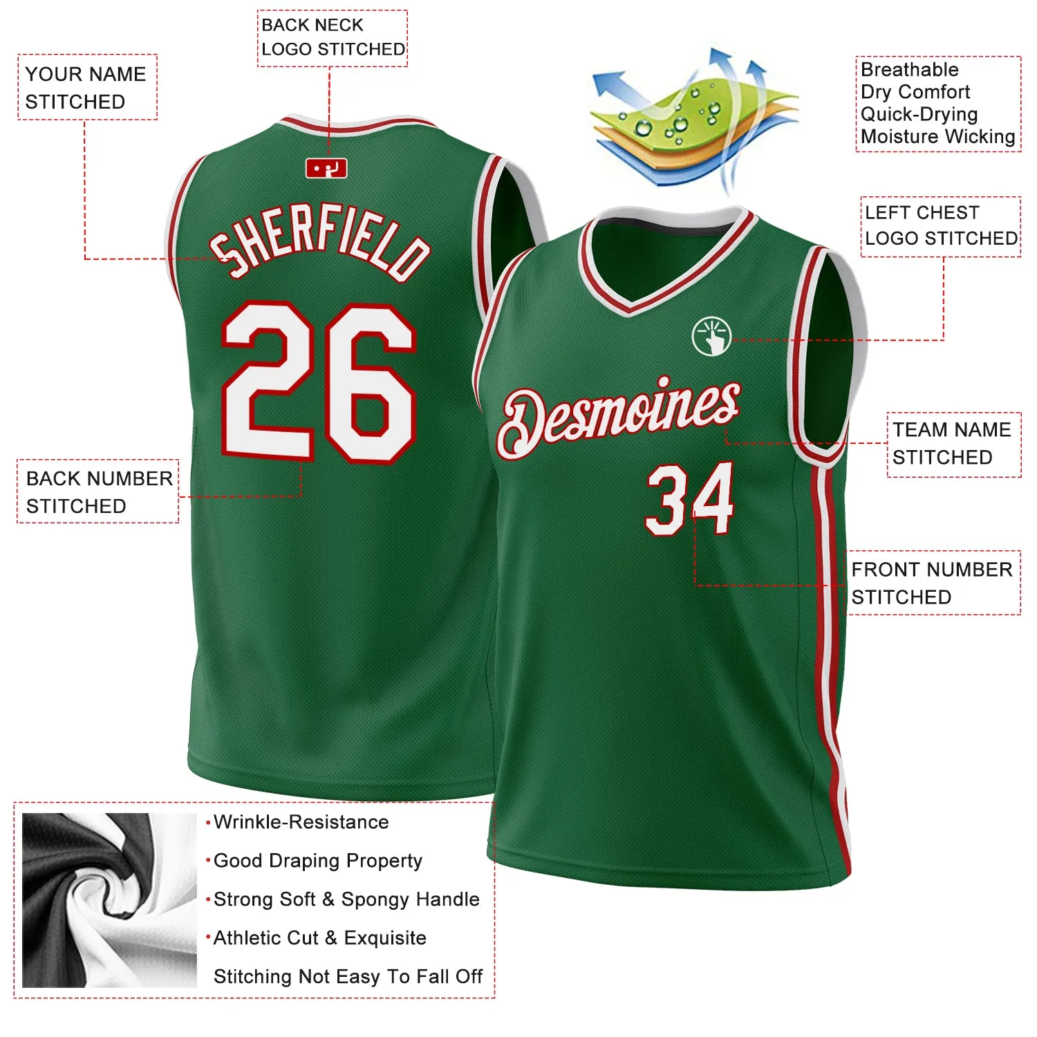 Custom Kelly Green White-Red Authentic Throwback Basketball Jersey