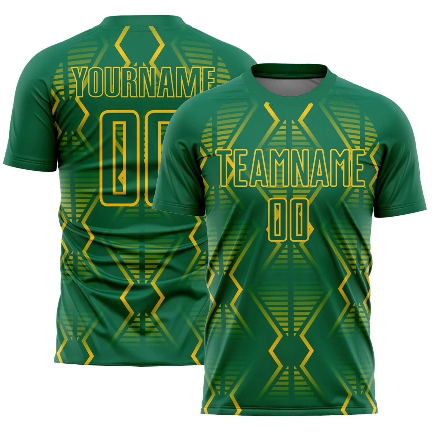 Custom Kelly Green Yellow Geometric Shapes Sublimation Soccer Uniform Jersey