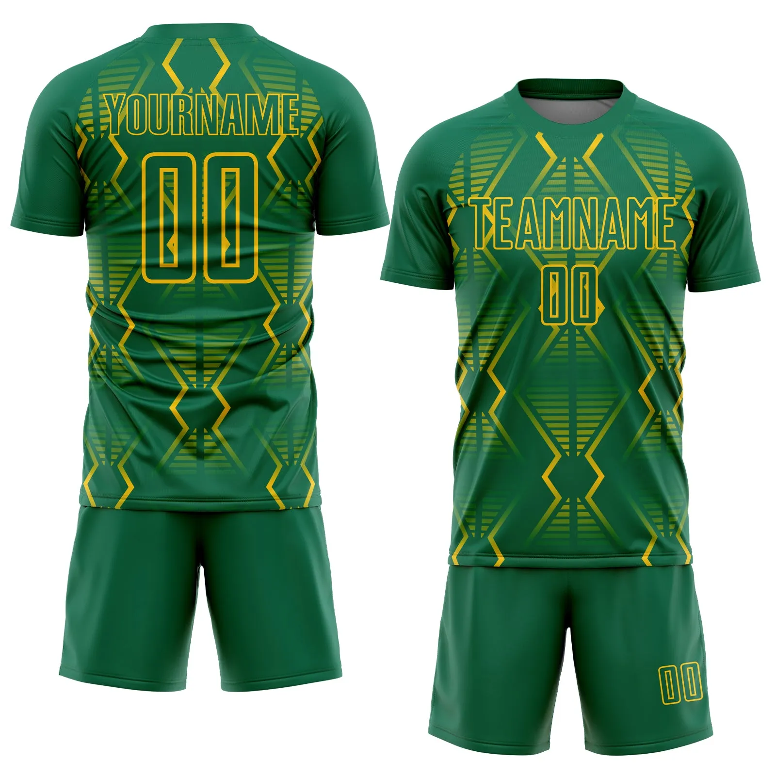 Custom Kelly Green Yellow Geometric Shapes Sublimation Soccer Uniform Jersey