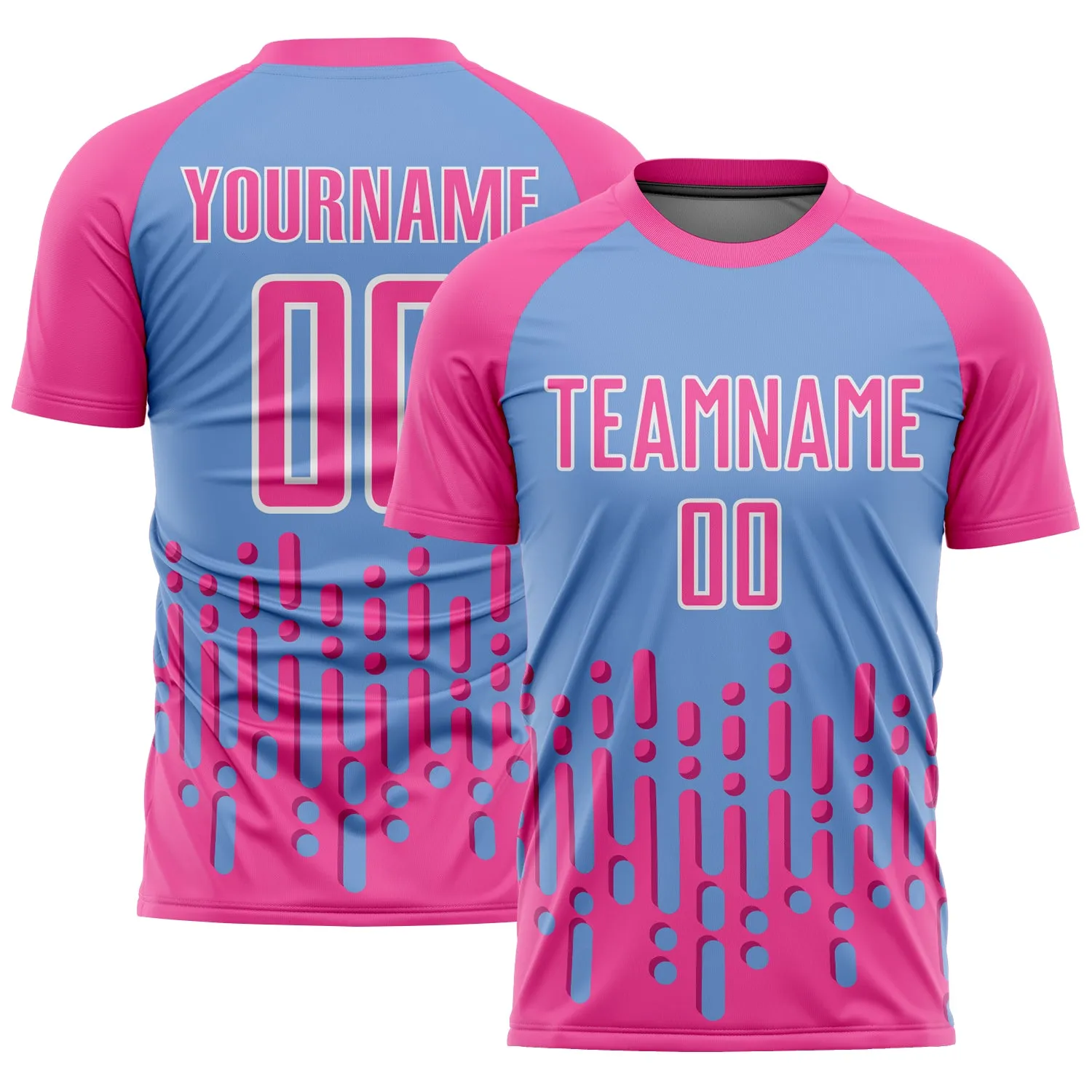 Custom Pink Light Blue-White Abstract Fluid Wave Sublimation Soccer Uniform Jersey