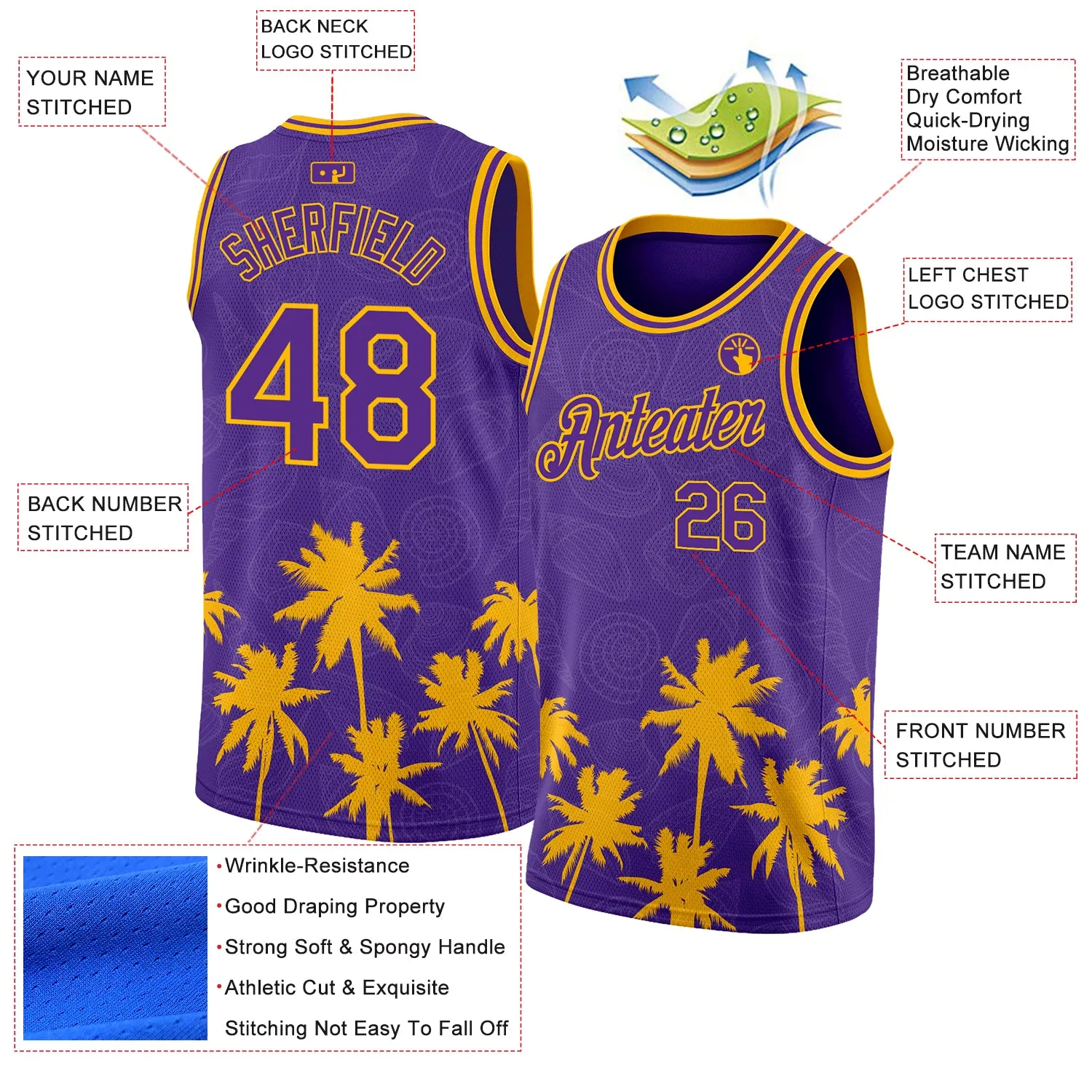 Custom Purple Gold 3D Pattern Hawaii Palm Trees Authentic Basketball Jersey