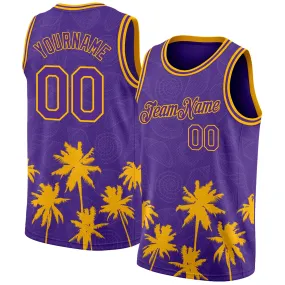 Custom Purple Gold 3D Pattern Hawaii Palm Trees Authentic Basketball Jersey