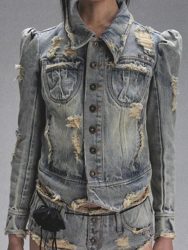 Denim Damage Crash Nichi Power-Shoulder Casual Washed Jacket