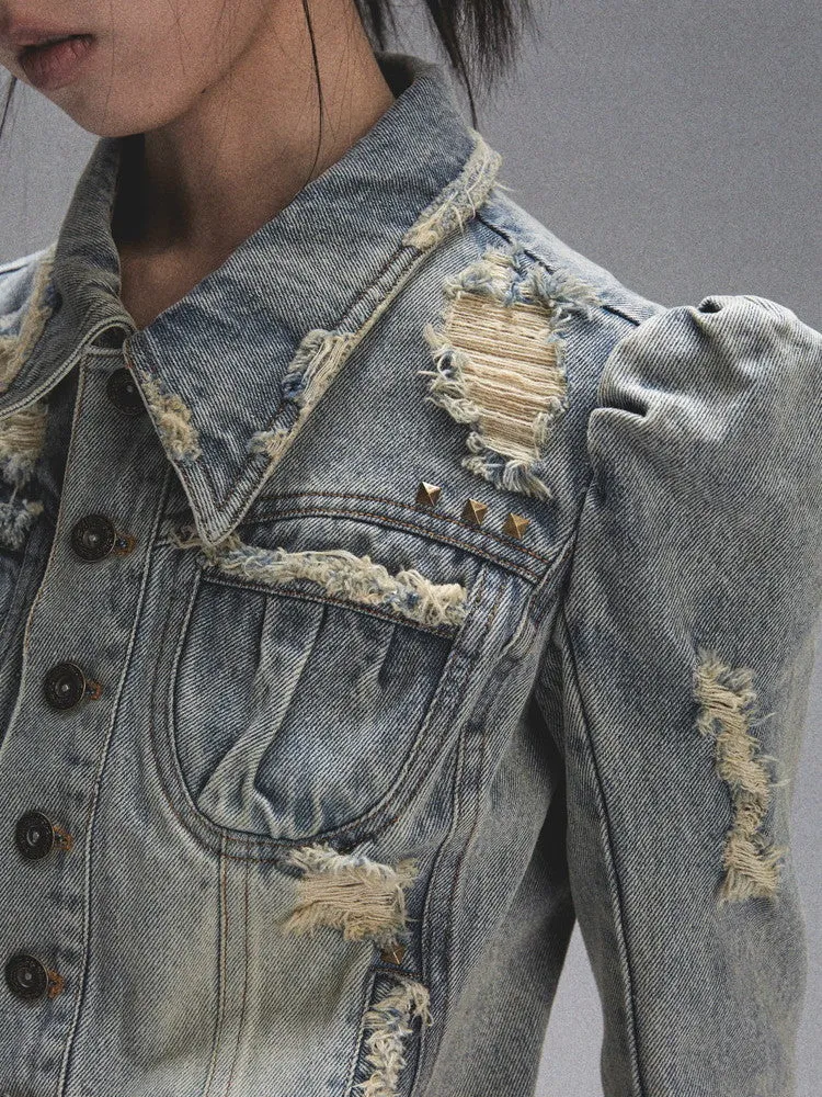 Denim Damage Crash Nichi Power-Shoulder Casual Washed Jacket