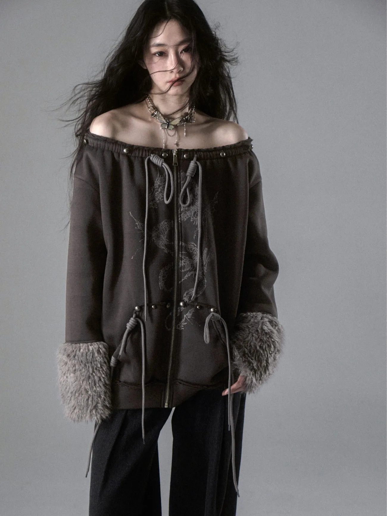 Dragon Print Fur Hooded Sweatshirt Jacket