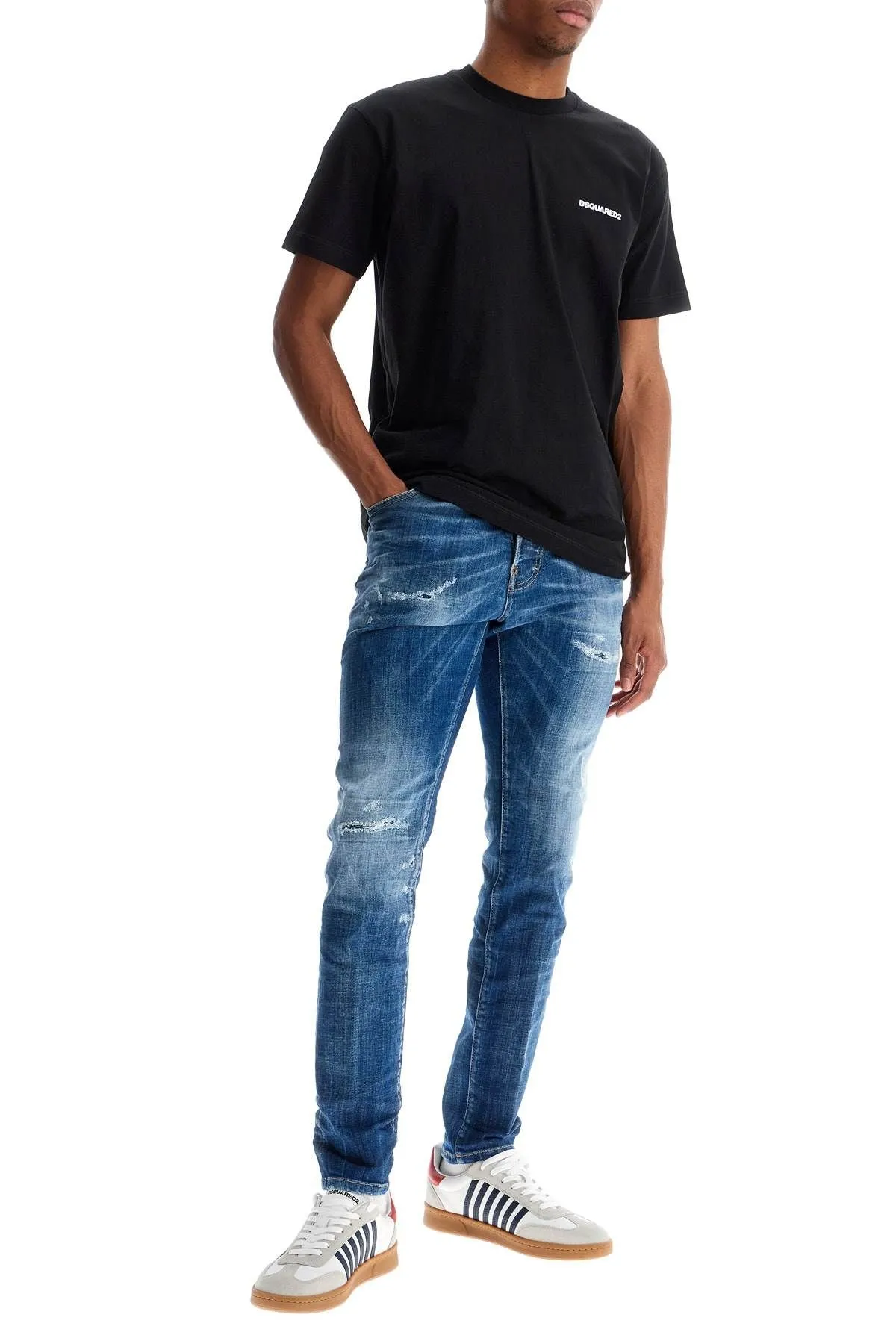 Dsquared2 Navy Blue Cotton Jeans With Worn Effect 5 Pockets