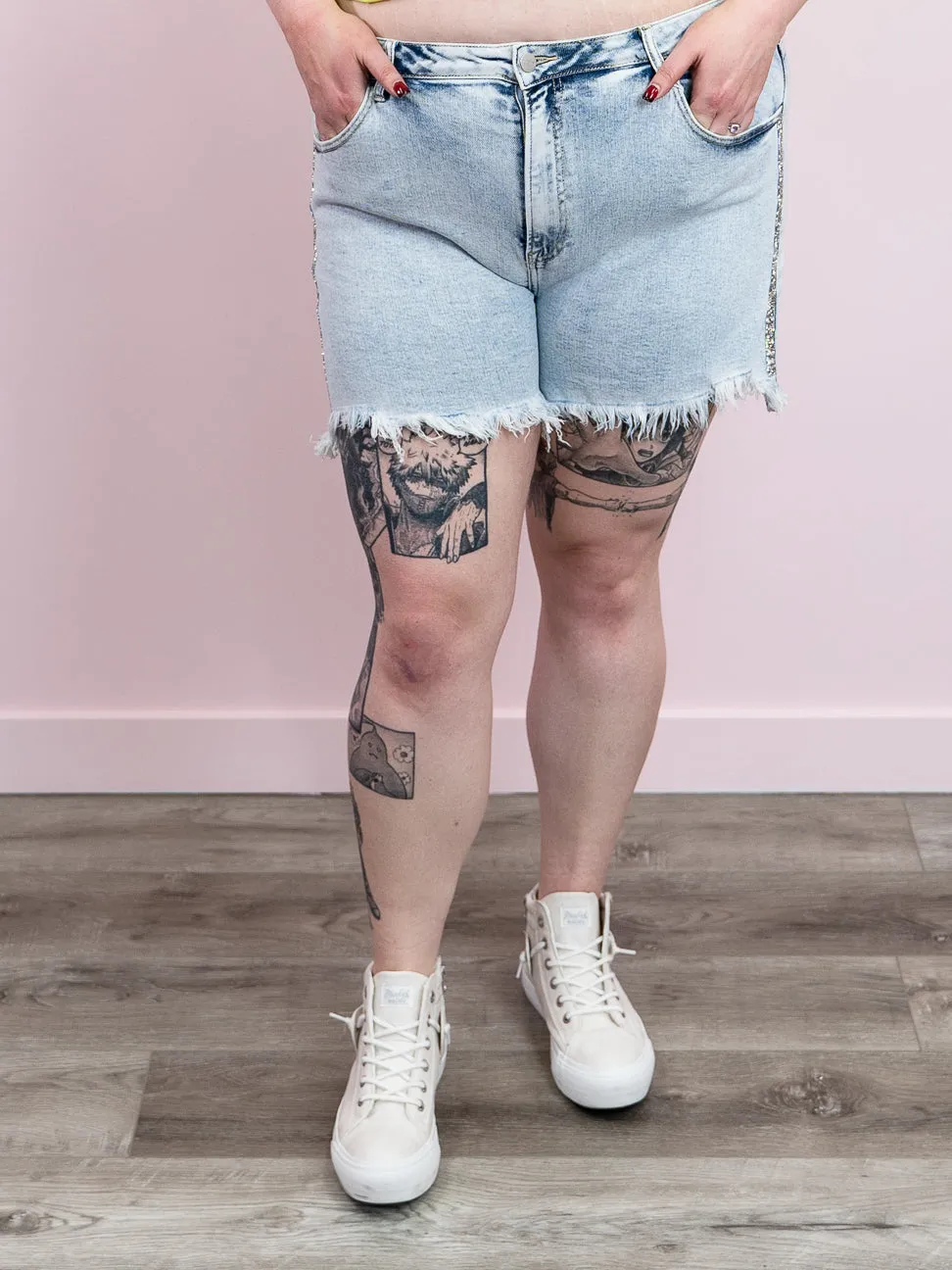 *FINAL SALE* Risen Jeans | High Rise | Acid Wash Embellished SHORTS | Marshall