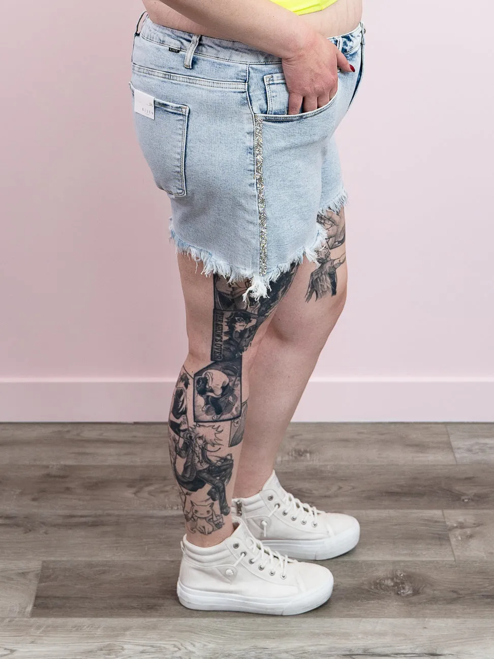 *FINAL SALE* Risen Jeans | High Rise | Acid Wash Embellished SHORTS | Marshall