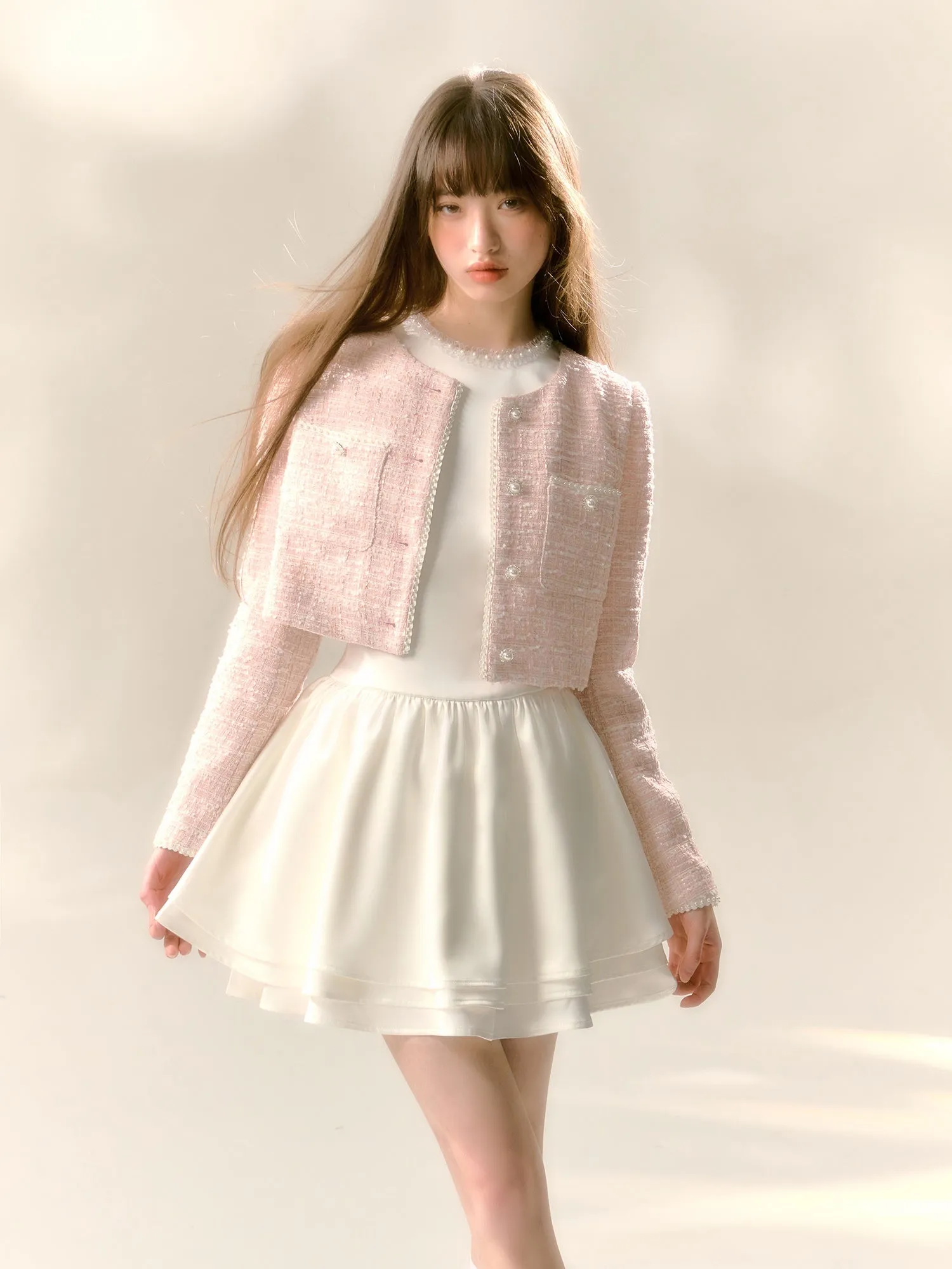 Fine Glitter Girly Pearl Lace Straight Braided Short Jacket