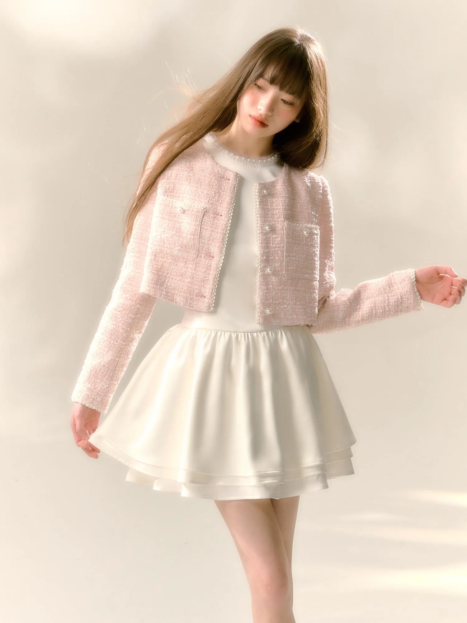 Fine Glitter Girly Pearl Lace Straight Braided Short Jacket