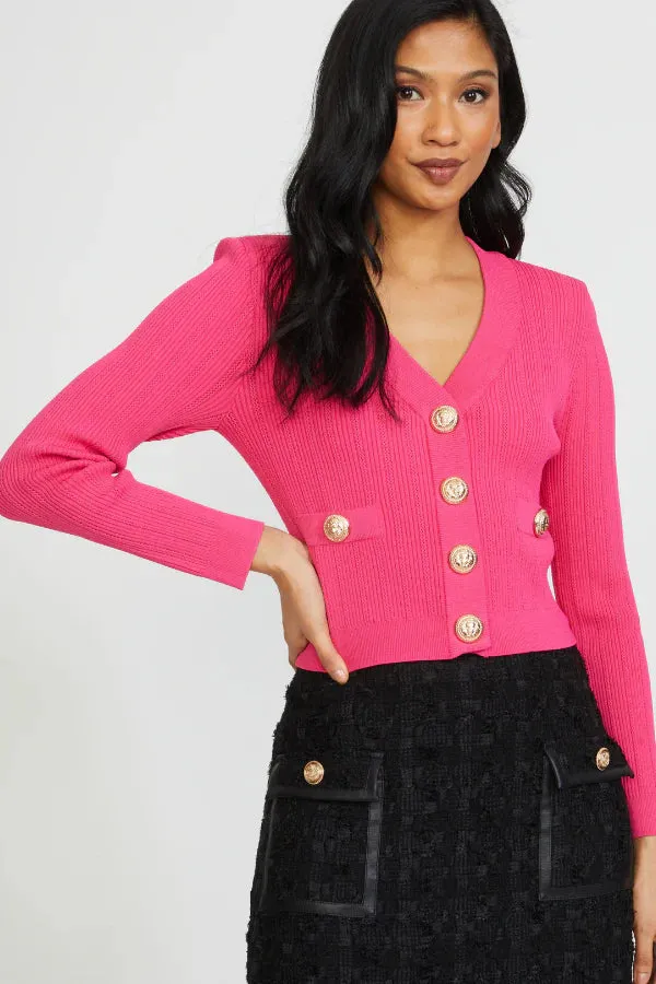 Fitted Shoulder Pad Cardigan - Fuschia Pink