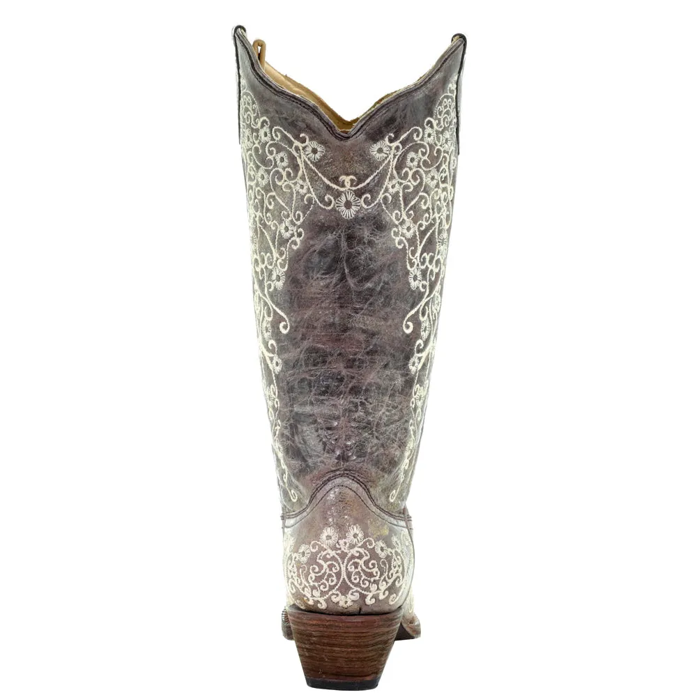 Floral Tooled-Inlay Snip Toe Cowboy Boots