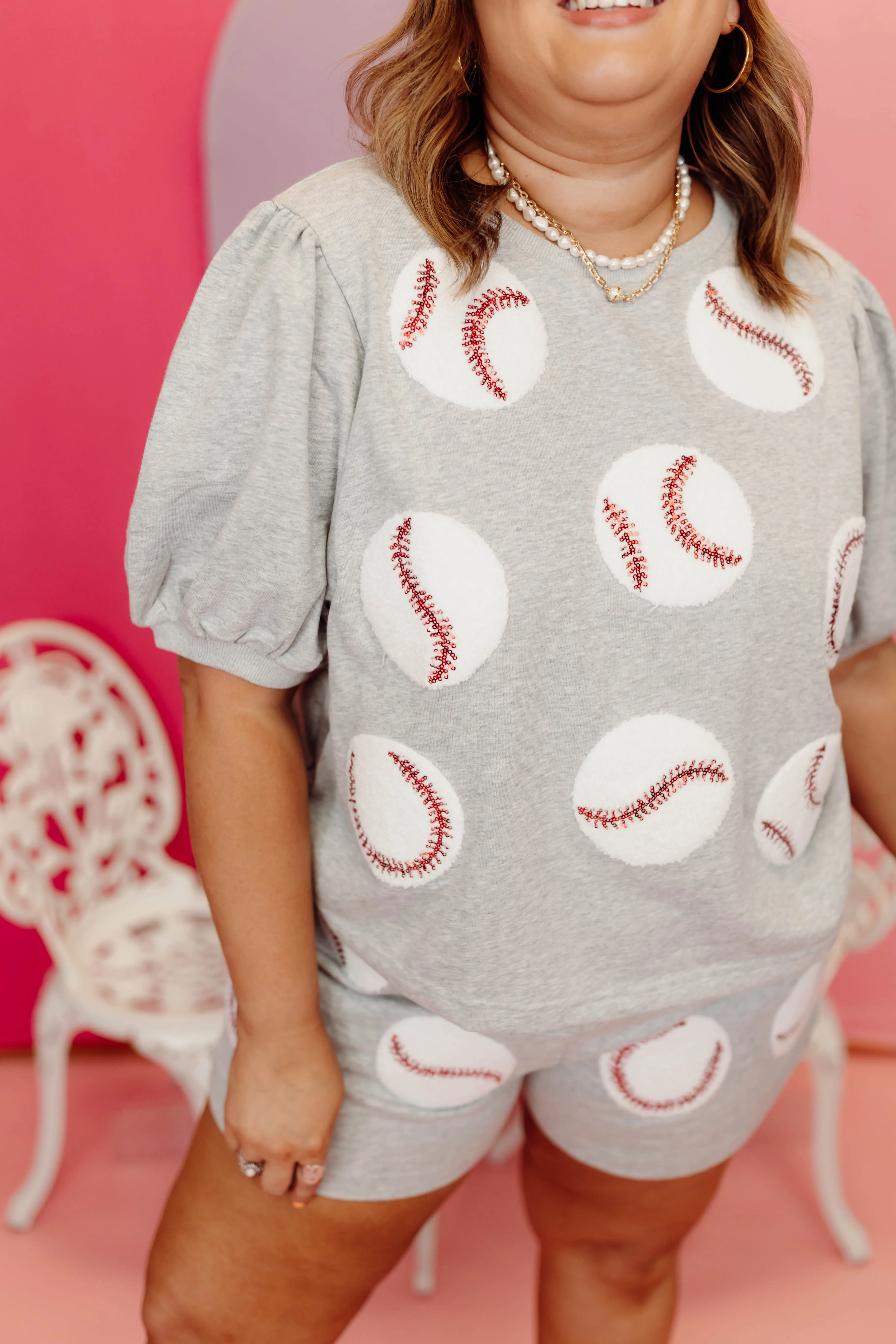 Heather Grey Baseball Puff Sleeve Top and Short Set