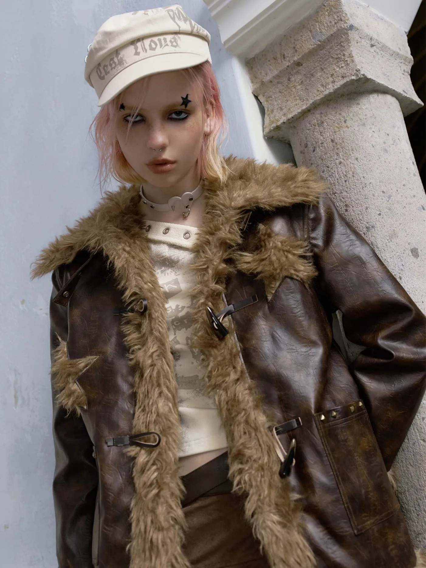 Loose Fur Stitch Leather Half Jacket