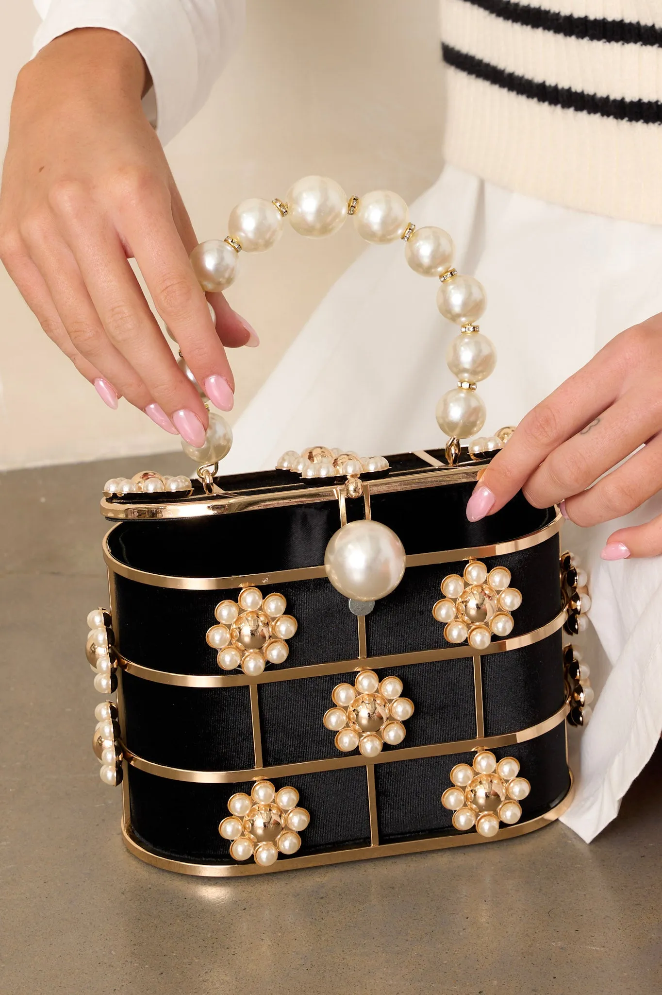 Luxe Adornments Ivory Pearl & Black Embellished Clutch