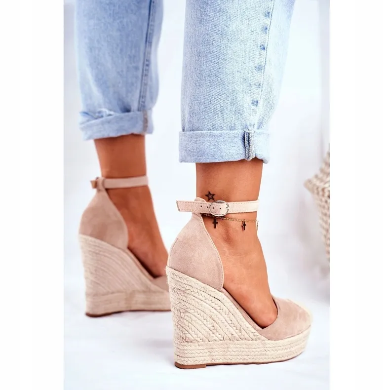 MSMG Avocado Beige Wedge Sandals With Braids