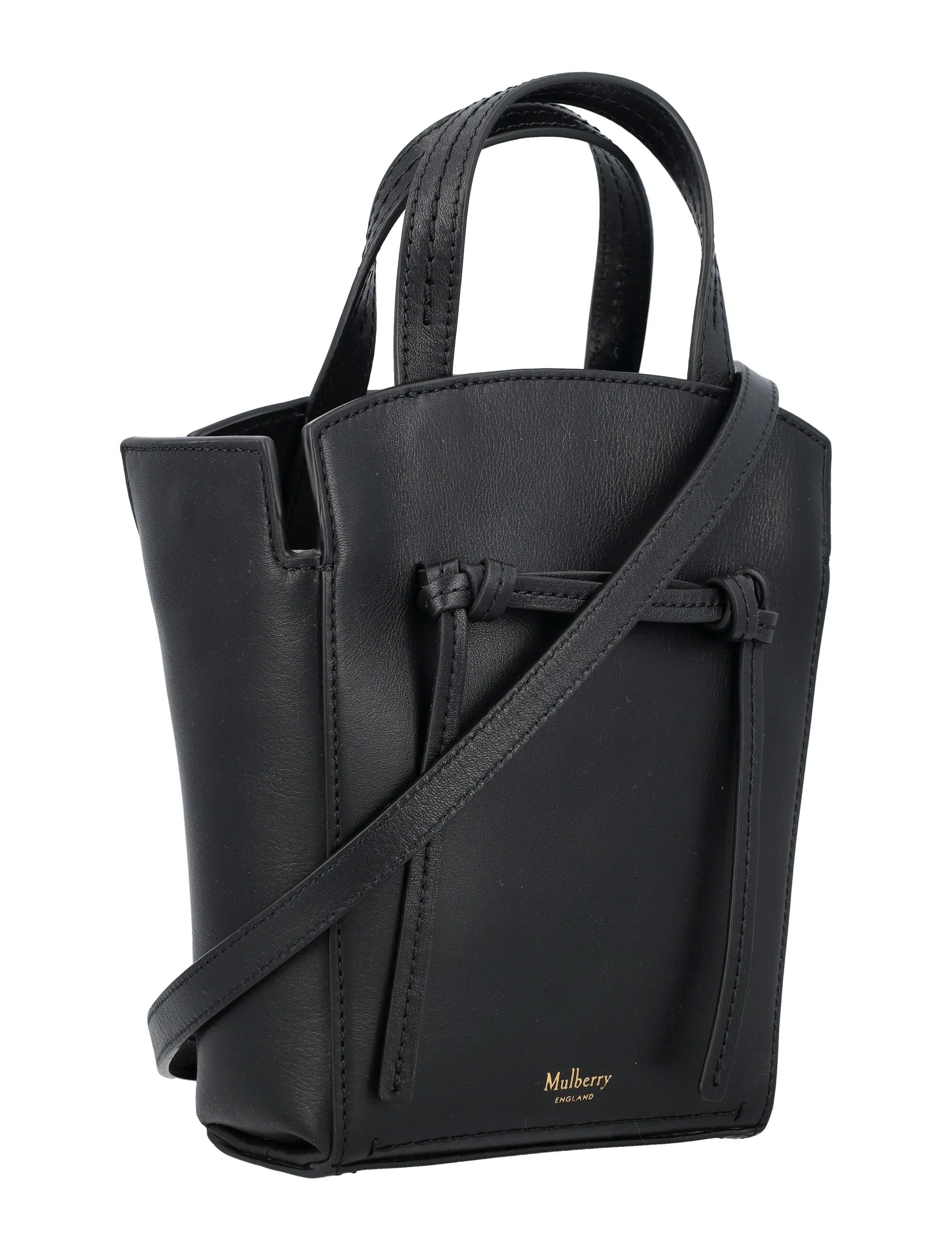 MULBERRY Black Mini Leather Tote Handbag with Detachable Strap and Microsuede Lining - 18cm