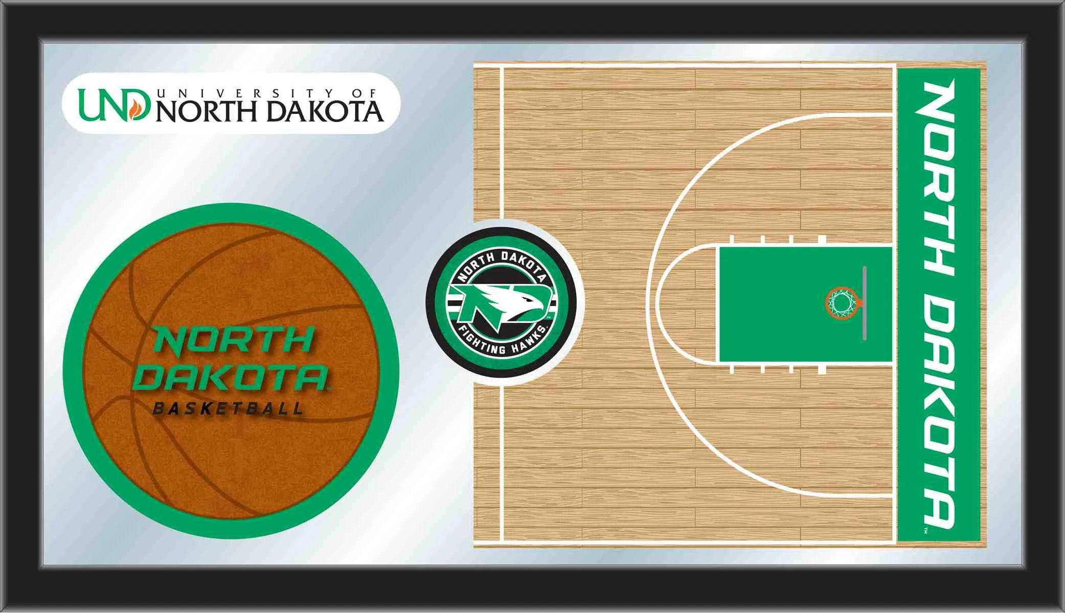 North Dakota Fighting Hawks HBS Basketball Framed Glass Wall Mirror (26x15)