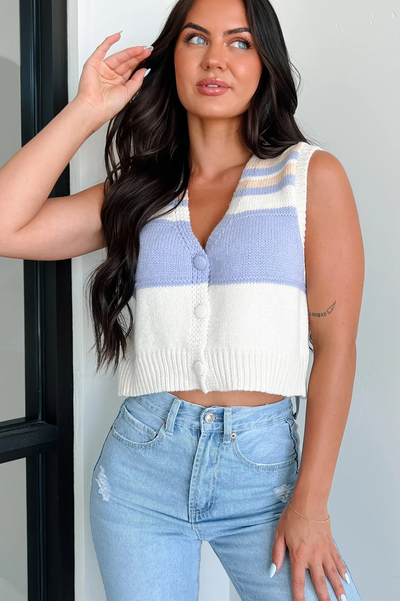 Play It Smart Colorblock Sweater Vest Top (Ivory/Lavender Multi)