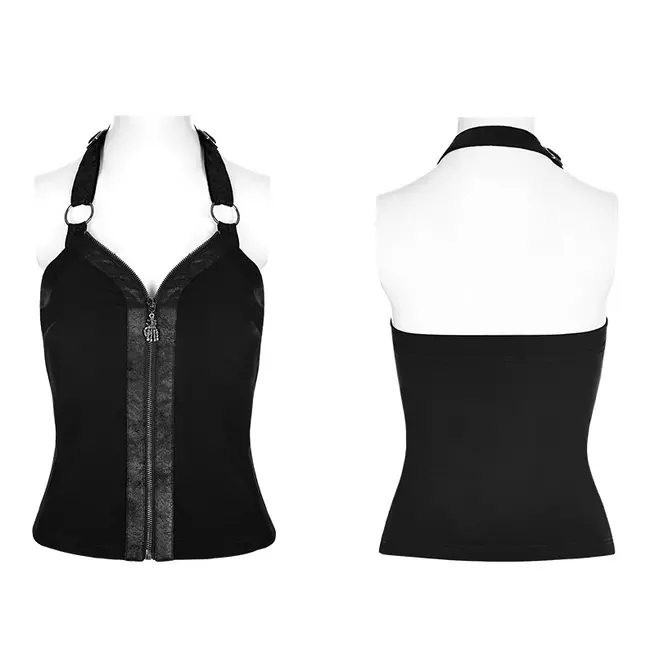 Punk Rock Black Stylish Backless Halterneck Strap Zippered Vest For Women