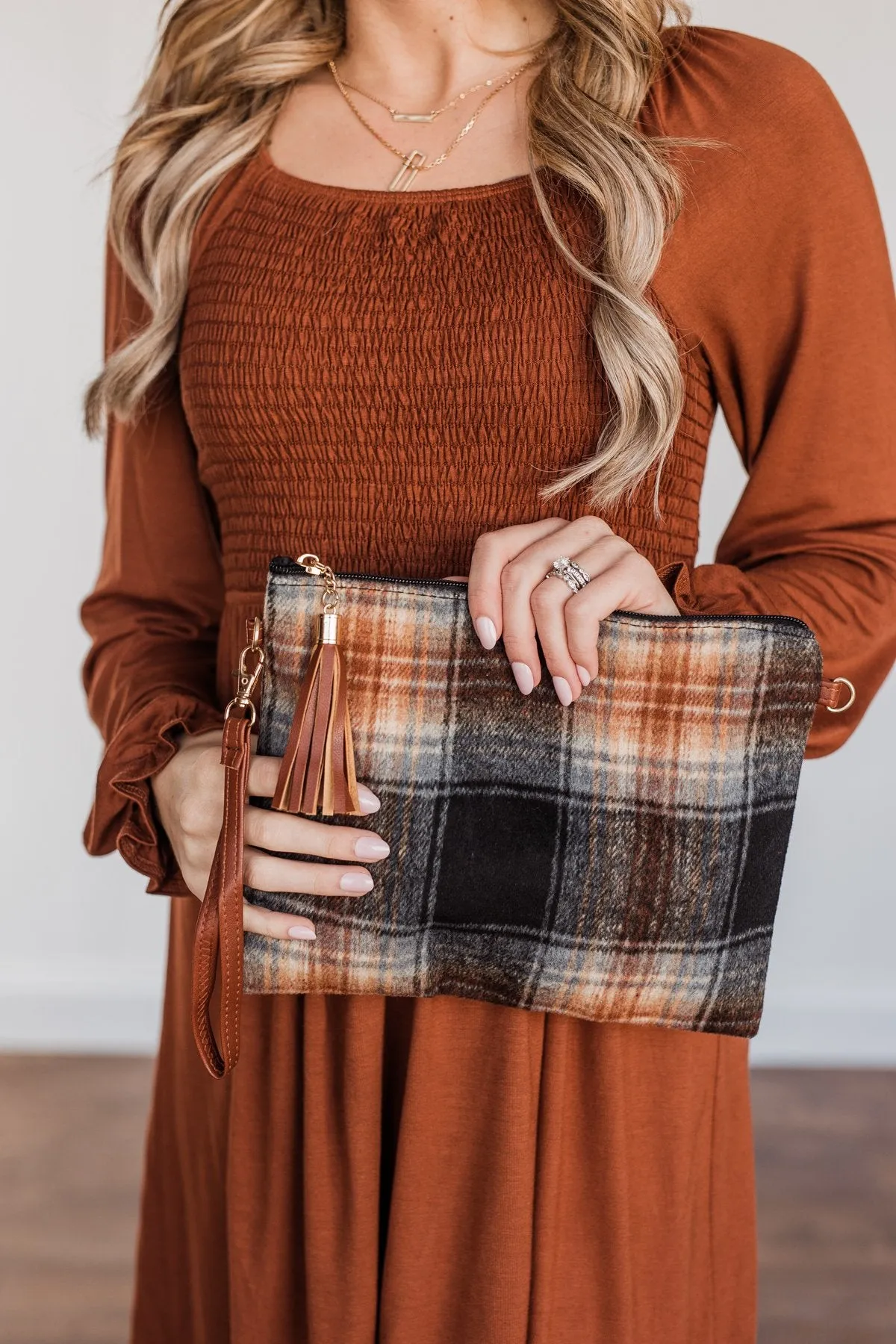 Ravishing Plaid Clutch- Black & Rust