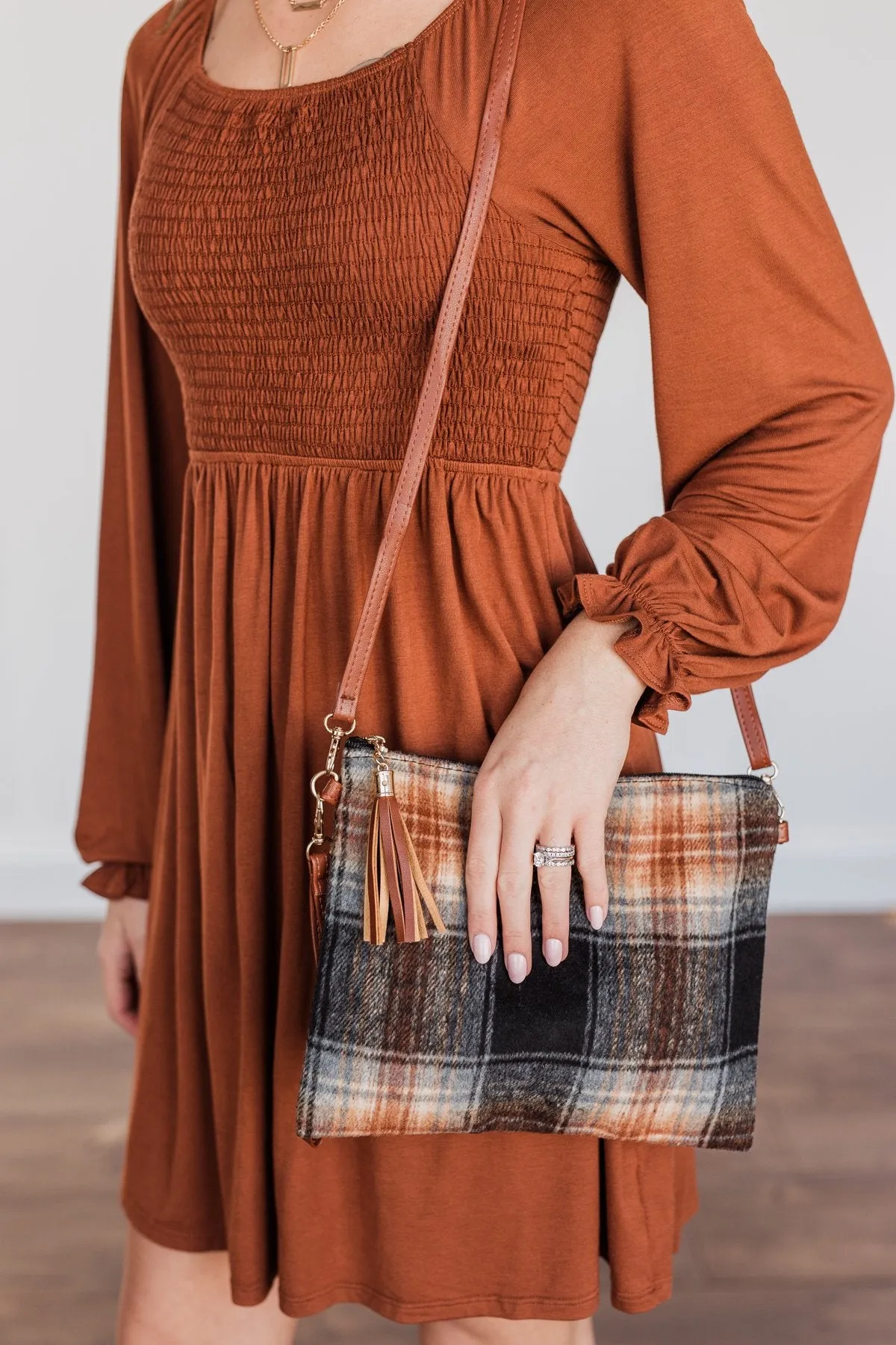 Ravishing Plaid Clutch- Black & Rust