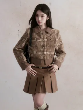 Retro Check Short Jacket & Pleated Skirt