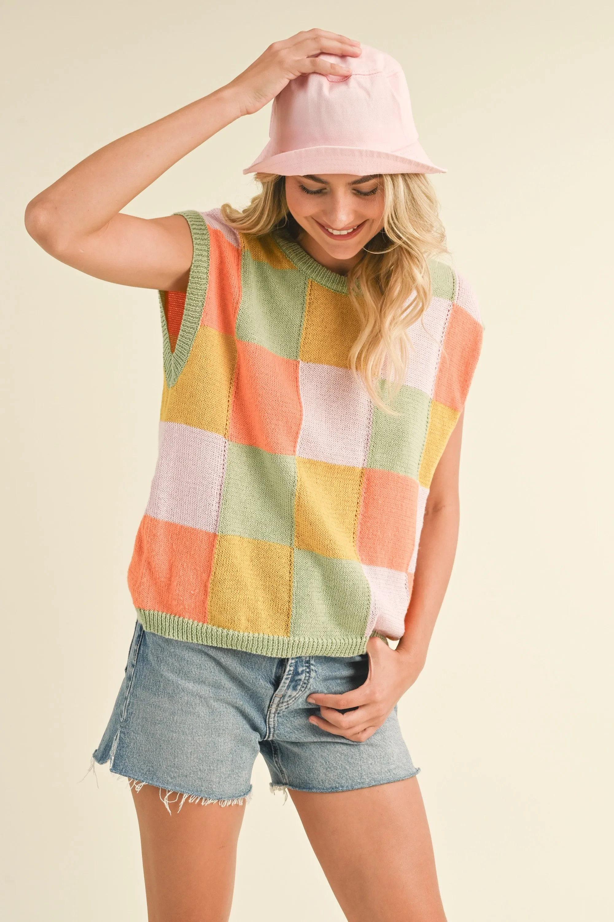 Sage Orange Multi Colorful Checkered Sweater Vest