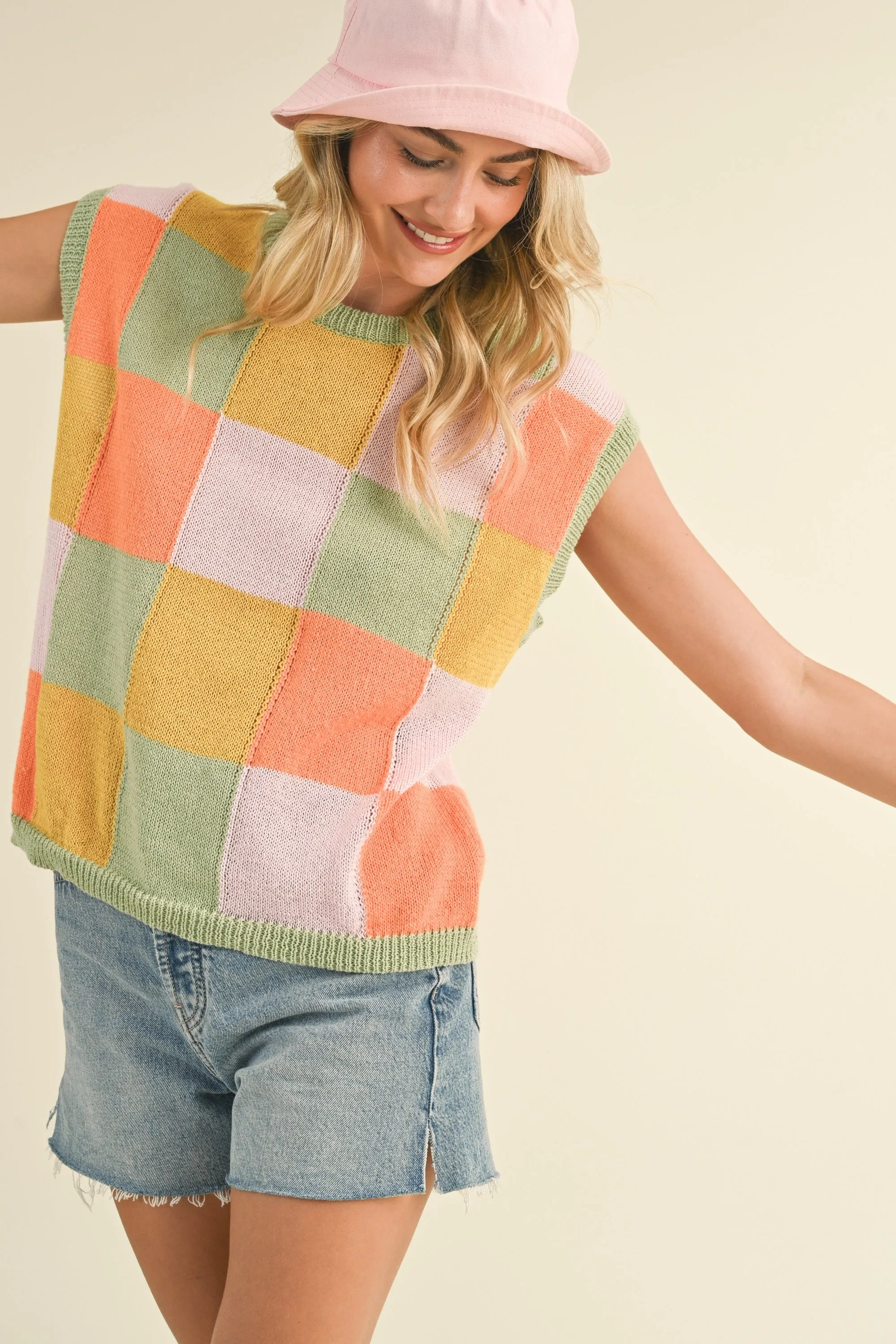 Sage Orange Multi Colorful Checkered Sweater Vest