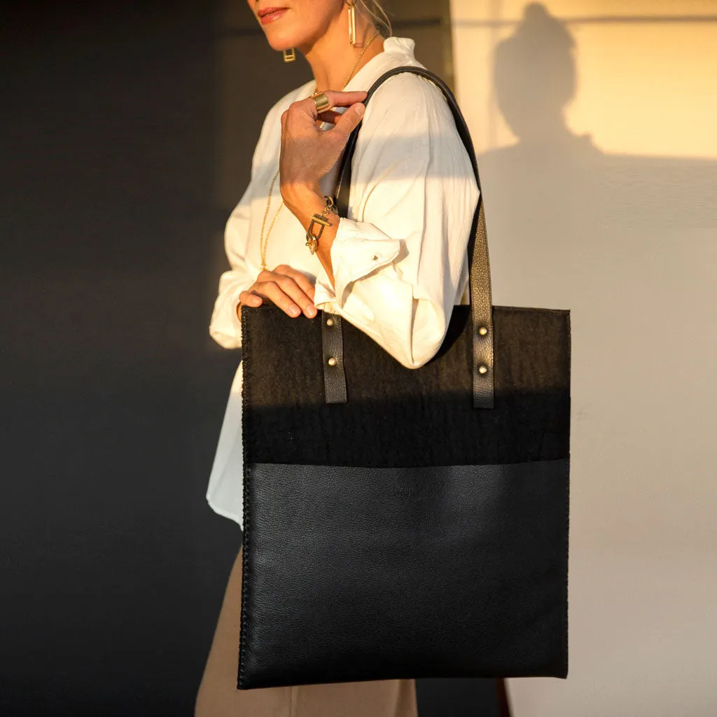 SALE - Felt + Leather Market Tote - Black