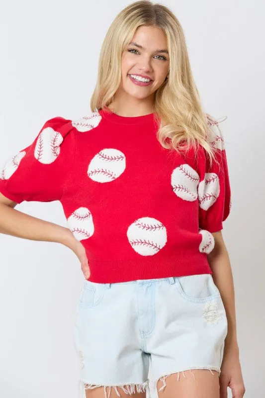 Sequin Baseball Puff Sleeve Sweater