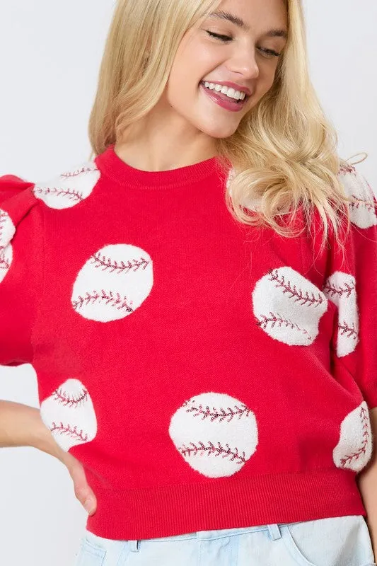 Sequin Baseball Puff Sleeve Sweater