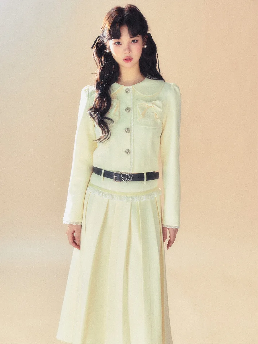 Set-Up Ribbon Feminine Lace Chic Jacket&Long-Skirt