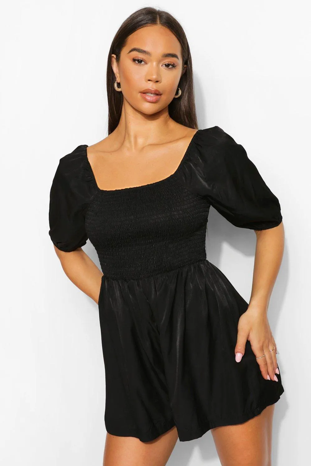 Shirred Bust Puff Sleeve Romper